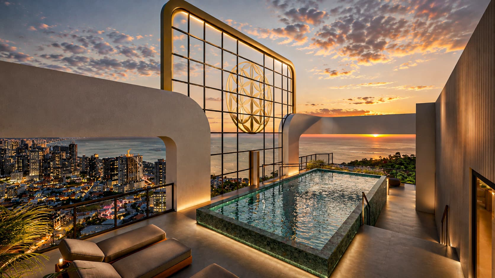 Rooftop de empreendimento da Amaan ao pôr do sol, com a cidade e o mar ao fundo