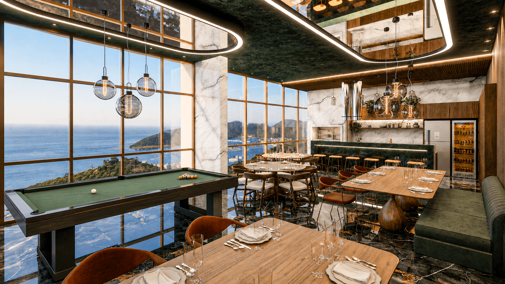 Lounge gourmet do Tourmaline Tower, com vista panorâmica para o mar